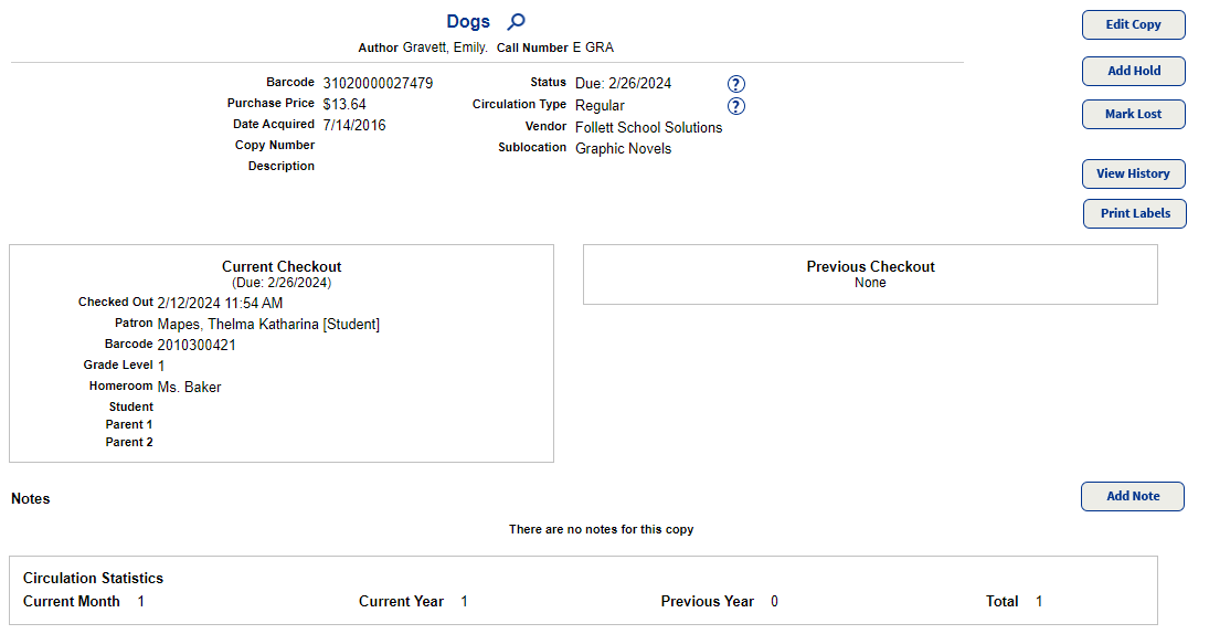 Copy Status page, showing a copy that is currently checked out and overdue.